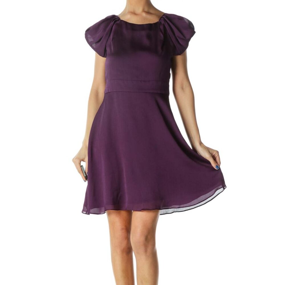 BCBGeneration Purple Open-Back Scrunched Cap Sleeves Flared Dress - Picture 1 of 3